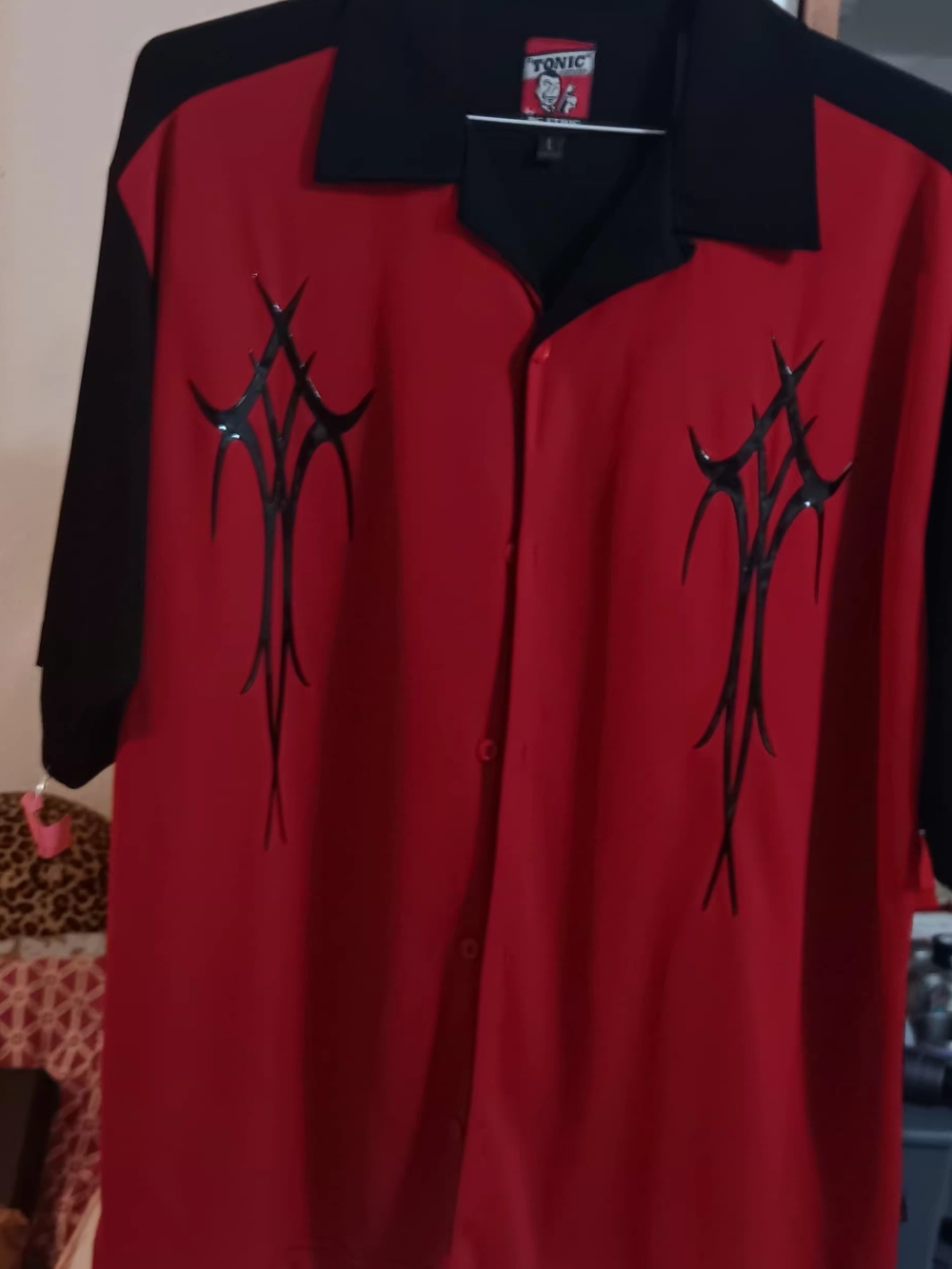 Red and Black Short Sleeve Button-Up Shirt